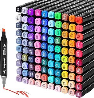 Tongfushop 100 Colored Marker Set, Colouring Pens for Adults, Art Felt Tip Pens, Dual Tip Permanent Alcohol Markers for Drawing, Sketching, Anime, Manga, Fun doodling with Carrying Case & Storage Base