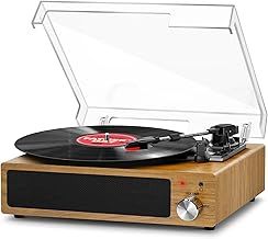 Record Player, FYDEE Vinyl Record Player with Built-in Speakers, Turntable for Vinyl Records, Belt-Drive 3-Speed (33/45/78 RPM) LP Vinyl Player, Supports Headphone Jack, AUX IN, RCA - Natural Wood