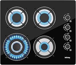 IsEasy Gas Hob 4 Burners - Glass Gas Hob Black Plug in NG/LPG Gas Hob, 7800W 4 Cooking Areas Built in Glass Cooktop Hob 60cm with Cast Iron Pan Support, Thermocouple Protection, Integrated Ignition
