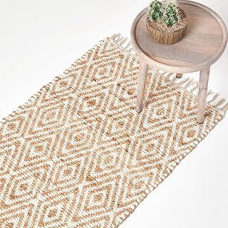 HOMESCAPES Geometric Rug Handwoven Natural Hemp Chindi Rug ‘Sierra’ Diamond Pattern Rug, 90 x 150 cm