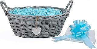 Grey Wicker Basket Newborn Baby Gift Hamper Retail Display Basket Christmas Basket Christmas Eve Basket (Blue Shred) (1001-G)