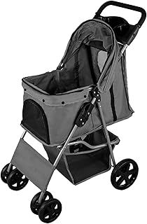 Pet Stroller Pushchair Grey Carrier Foldable Trolley Travel Cart 15kg Capacity 4 Wheels Brakes Cat Dog Safety Snap Hook Leash Cushion Canopy Mesh Windows Basket Cup Holders FREE Waterproof Rain Cover