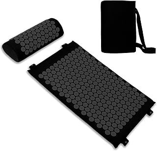 Acupressure Set with Neck Cushion for Relaxation + Well-Being | Easy Transport Acupuncture Mat and Pillow Set | Massage Mat with Carrying Handles | Black