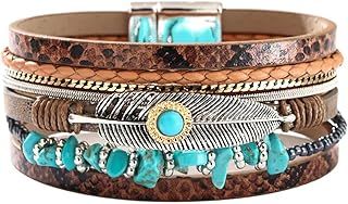 KunBead Jewelry Leather Wrap Bracelets for Women Feather Handmade Braided Boho Multilayer Magnetic Buckle Bracelet Wristband Cuff Bangle Birthday Gifts