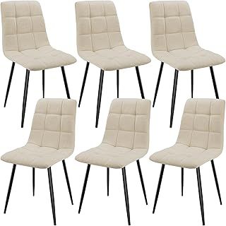 Set of 6 Dining Chairs, Linen Kitchen and Living Room Seating With Upholstered Seat Backrest, Sturdy Black Metal Legs, Checkerboard Pattern (Beige)