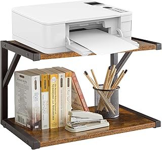 IBUYKE 2-Tier Desktop Printer Stand Holder, Multi-Purpose Desk Organizer Storage Shelf, Book Shelf Printer Shelf for Fax Machine, Scanner, Files, Books, Microwave Oven,Rustic Brown TLJ004H