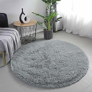 Round Rugs Living Room - Grey Area Rugs 120x120cm for Bedroom Anti Slip - Modern Super Soft Thick Pile Small Fluffy Shaggy Rug Non Shedding