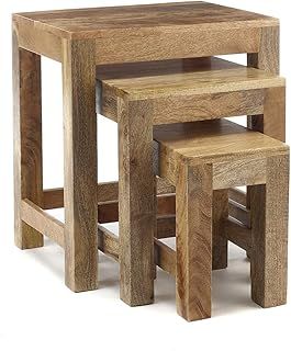 Elm home and garden Solid Mango Wood Nest Of Three 3 Tables End Side Lamp Table (Light)