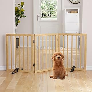 Semiocthome Bamboo Freestanding Dog Gates for Doorways, 2-Panel Indoor Puppy Gates for The House with 2 Metal Stands, 24"(H) Folding Pet Gate for Stairs Expands Up to 36"(W) Natural