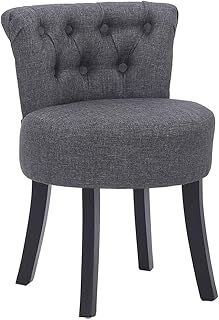 Warmiehomy Vanity Dressing Table Chair With High Backrest,Button Design Linen Fabric Makeup Table Stool, Padded Dressing Table Stool For Bedroom Furniture Wooden Legs 40 * 40 * 69CM Grey