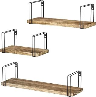 SRIWATANA Rustic Floating Shelves, Decorative Wood Wall Shelves Set of 3, Wall Mounted Storage Shelves for Bedroom, Living Room, Kitchen, Bathroom, Office and More Carbonized Black