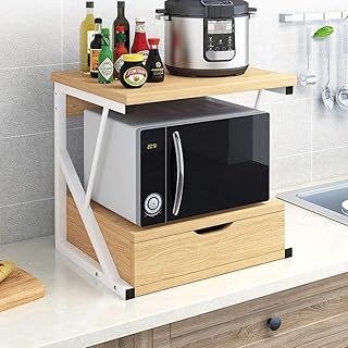 2 Tier Wooden Microwave Stand Shelf with Drawer Kitchen Storage Shelf Rack Home Office 2 Tier Storage Stand Rack for Printer and Microwave (Wood with Drawer)