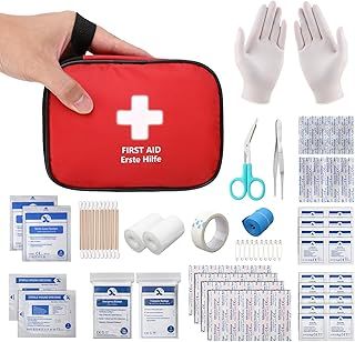 First Aid Kit 90 Pcs, Small Travel First-Aid Bag, Mini Compact Survival Kit for Travel Car Home Workplace Kids Camping Hiking Motorbike Holiday, Red