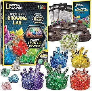 NATIONAL GEOGRAPHIC Mega Crystal Growing Kit for Kids- Grow 6 Crystals with Light-Up Stand and Gemstones, Science Gifts for Kids 8-12, Crystal Making Experiment, DIY Science Kit for Girls and Boys