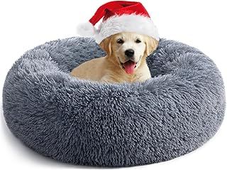 Calming Donut Puppy Bed for Medium Small Dogs Cats, Fluffy Anti Anxiety Washable Non-Slip Plush Cuddler Warming Round Faux Fur Pet Bed