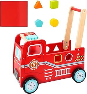 SOKA Wooden Fire Engine Rider and Push Along Toy with Shape Blocks Baby Toddler First Step Activity Walker Push & Pull Walking Wagon Gift for Kids Children Boys Ages 1 year old +