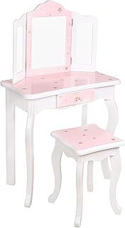HYGRAD® Girls Dressing Table With Mirror and Stool, Childrens White/Pink Star Prints Wooden Kids Vanity Table with Crystal Knobs Childs Dressing Table Set for a Kid, Children Aged (6-13)