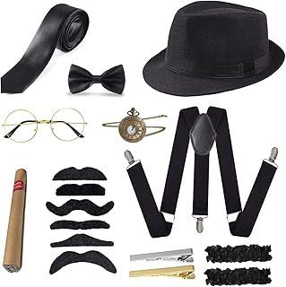 1920s Men Costume Accessories Set Gatsby Gangster Roaring Retro 20s Costume Kit,Hat,Bow Tie,Pocket Watch,Suspender,Glasses,Beard,Armband Garters,Tie Clips