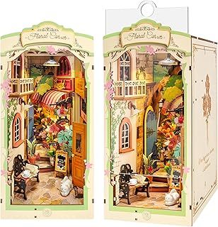 Rolife Book Nook Kit Floral Corner Booknook with LED Lights DIY Miniature House Kit 3D Wooden Puzzle for Adults to Build Bookshelf Decoration Christmas Birthday Gift