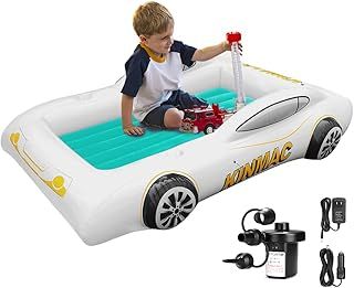 KINMAC Inflatable Toddler Bed - Portable Air Mattress With Sides for Kids Camping, Car Travel, Sleeping - Racecar Design (Green)