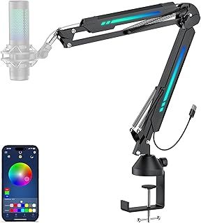 TONOR Mic Boom Arm with RGB, Microphone Arm with Desk Mount Clamp, App Control RGB Mode, Adapter, Cable Management, Compatible with HyperX Quadcast, Blue Yeti, for Streaming, Gaming, Studio, T20S