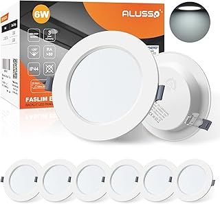 ALUSSO LED Downlights for Ceiling 6W Ultra Slim LED Recessed Ceiling Spot Lights 6500K Cool White IP44 Waterproof Spotlights Ceiling Lights for Bathroom Kitchen Living Room, 6 Pack