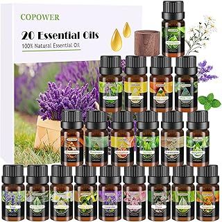 Essential Oils for Diffusers for Home, COPOWER 20 x10mL Diffuser Oils Fragrance with Diffuser Wood, [Aroma Secrets] 100% Pure Aromatherapy Oil, Lavender, Lemon, Rosemary, Frankincense, Eucalyptus.