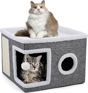 Cat House for Indoor Cats, 2 Layer Large Cat Cave with Scratch Board and Fluffy Ball, 43L x 43B x 32H cm, Foldable Large Cat Bed, Cat Hideaway with Double-Sided Soft Cushions for All Seasons, Grey