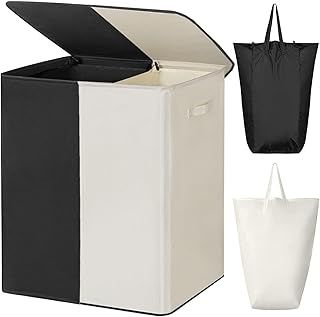 WOWLIVE 154L Double Laundry Basket with lid large washing basket and Removable Laundry Bags Large Collapsible 2 Dividers washing basket with Handles for Bedroom Laundry Room Closet (Black+Beige)