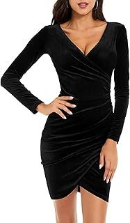 Evening Dress Ladies Party Dresses Womens Velvet Wrap V Neck Long Sleeve Ruched Mini Dress Elegant Bodycon Cocktail Midi Dress