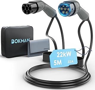 bokman Type 2 EV Charging Cable, Mode 3 / 32A / 22KW / 3 Phase / 5 Meter, Electric Vehicle Car Plug-in Hybrid Type 2 to Type 2 Fast Charging Cable