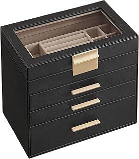 SONGMICS Jewellery Box with Glass Lid, 4-Tier Jewellery Organiser, 3 Drawers, for Sunglasses, Big Jewellery, Jewellery Storage, Modern Style, Cloud White and Gold Colour JBC161W01