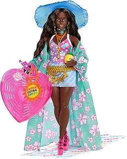 ​Travel Barbie Doll with Beach Fashion, Barbie Extra Fly, Hat and Tropical Coverup with Oversized Bag, HPB14,Multicolor,Small
