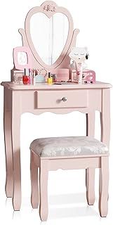 Kids Dressing Table with Mirror and Stool, Pink Children's Vanity Set with Flip Up Heart Mirror and 3 Drawers, Girls Makeup Desk for Age 3-9