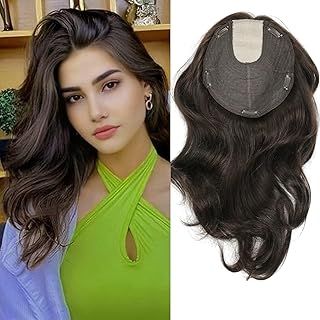 Human Hair Topper for Severe Loss 14inch - Large 8.5 * 8 inch Base Wavy Topper for Thinning Hair Women Real Dark Brown