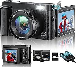 4K Digital Camera for Photography and Video with 32GB Card Battery Charger, 3'' 180°Flip Screen Camera with Flash 16X Zoom