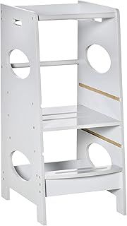 HOMCOM Toddler Step Stool Kids Adjustable Standing Tower with Safety Rail for Kitchen Counter Grey