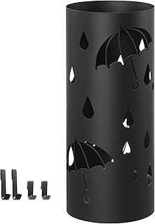 SONGMICS Umbrella Stand, Holder for Entryway, Steel Rack with Removable Drip Tray and 4 Hooks, 17Dia. x 41 cm, Black LUC024B01