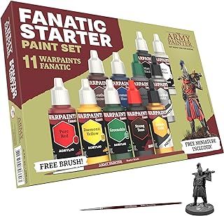 The Army Painter Warpaints Fanatic: Starter Set Combo, 11 paints: 7 acrylic colours, 2 Metallics, 1 Wash, 2 Brushes & 1 Free Miniature figure, For models and miniature painting