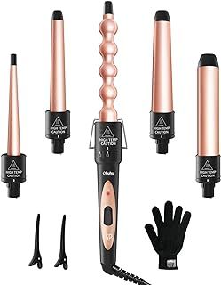 Hair Curler, Ohuhu 5 in 1 Curling Wand, Hair Curler Wand 5 Pcs 0.35 to 1.25 Inch Interchangeable Ceramic Barrel Heat Protective Glove 2 Clips Dual Voltage, Hair Curlers Gift for Mother's Day