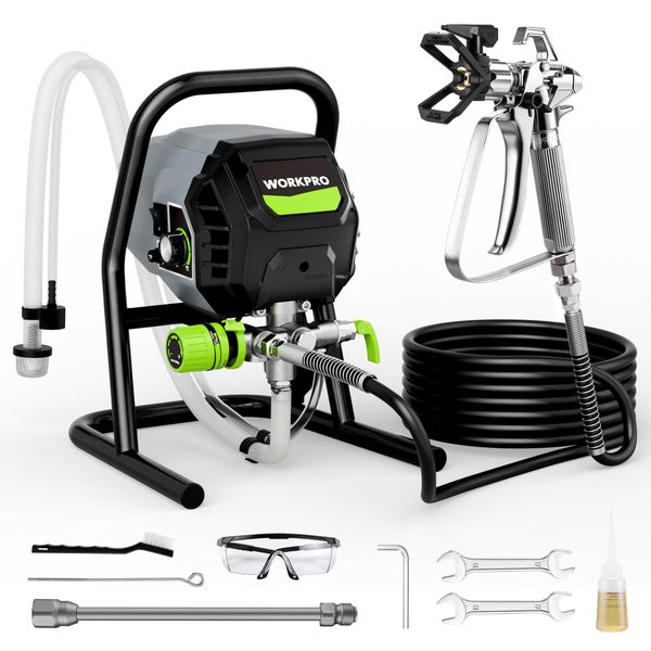 WORKPRO 700 W Airless Paint Sprayer with Adjustable Flow, 200 Bar Airless Sprayer with 7.6M Hose & 30CM Extension, Portable Design with 8 Accessories, Paint Sprayer for Wall, Fence, Deck & Garage