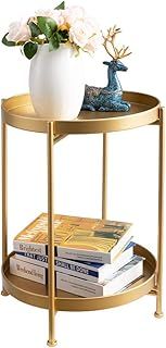 HollyHOME Gold Side Table Round Side Table, Small Metal Coffee Table Balcony & Patio Table 2-Tier Nightstand End Table for Living Room Bedroom