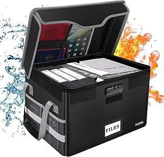 Fireproof Document Box File Storage Box Document Organiser with Lid Collapsible Filing Cabinet Box with Lock for Home Office Keeping Important Working paper Certificate Contracts Bills Souvenirs Books