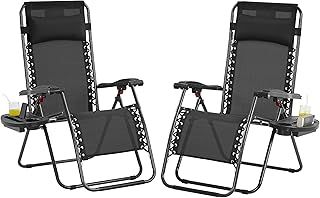 Yaheetech 26" Zero Gravity Recliners Outdoor Adjustable Folding Reclining Lounge Chairs w/Pillows, Cup Holder Trays and Carry Strap for Patio Backyard Beach Navy Blue/Gray/Beige/Black Set of 2