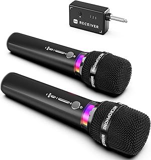 Wireless Microphone, Rechargeable Wireless Dual Microphones with One-to-One Chip Connection and LED Lights, 40H Duration, 200FT Range Receiving, Less Latency Karaoke Microphone for Singing