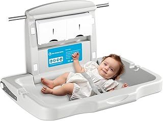 modunful Baby Changing Unit Wall-Mounted, Commercial Horizontal Fold-Down Diaper Change Table with Adjustable Safety Strap, CPC Compliant, White