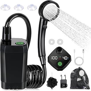 Spopal Portable Shower for Camping, 6000mAh Rechargeable Camping Shower Pump with Intelligent LED Display, 4 Spray Modes, IPX7 Waterproof Outdoor Shower Kit for Hiking, Travel, Car, Pet