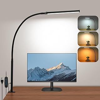 Led Desk Lamp with Clamp, Eye-Caring Desk Light for Home Office, 3 Modes 10 Brightness Clip on Desk lamp, Flexible Gooseneck Table lamp, Memory Function, Study, Work, Draw, Reading, Black