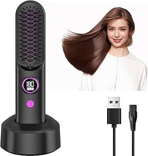 Bindokun Hair Straightener Brush, Cordless Straightening Brush with Charging Base, 2 in 1 Hair Straighteners and Heated Hair Comb for Women Men, 20 Seconds Quick Heat & 9 Heating Modes