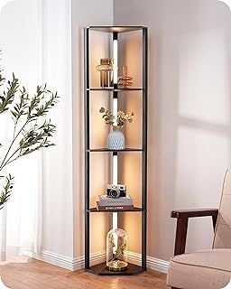 EDISHINE LED Floor Lamps with Shelves, 4 Layers Wood Dimmable Standing Lamp, 360° Rotatable Poles, Corner Floor Lamps for Living Room Bedroom Office, Black